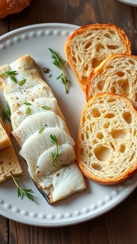 A plate of baked fish fillets with slices of bread, garnished with herbs, on a rustic table.